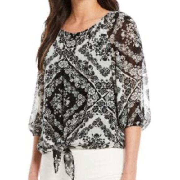 NWT Calvin Klein Scarf Print Chiffon Scoop Neck Bubble Sleeve Tie Front Blouse - Picture 1 of 5